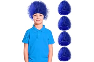 XunYee 4 Pieces Blue Fuzzy Wig Funky Clown Hair Wig Crazy Wig Character Cosplay Costume Accessories for Kids Teens 100th Day of School Spirit Day Party Reading(Royal Blue)