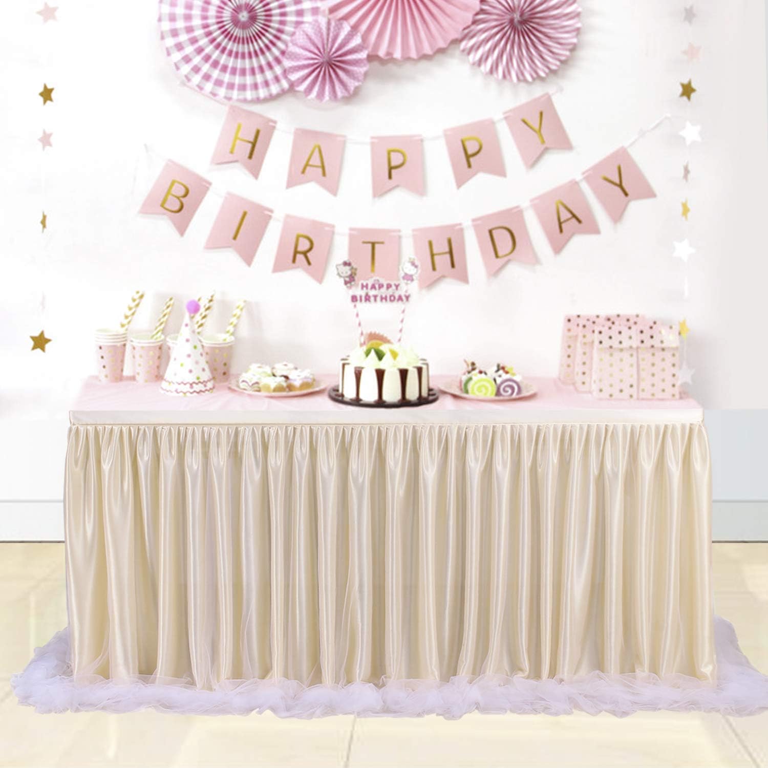 Zl Magic Table Skirt Tulle Table Cover Tutu Table Cloth Skirting for Rectangle or Round Table for Baby Shower Wedding and Birthday Winter Party Decoration (Champagne, L 6(ft) H 30in)