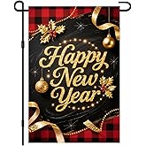 IVN New Year Garden Flag 12x18 Inch Double Sided Happy New Year Text with Plaid Background, Golden Ornaments and Ribbon Accents Outdoor Yard Flag for Outside Home Front Door Lawn Porch Patio Welcome Decor