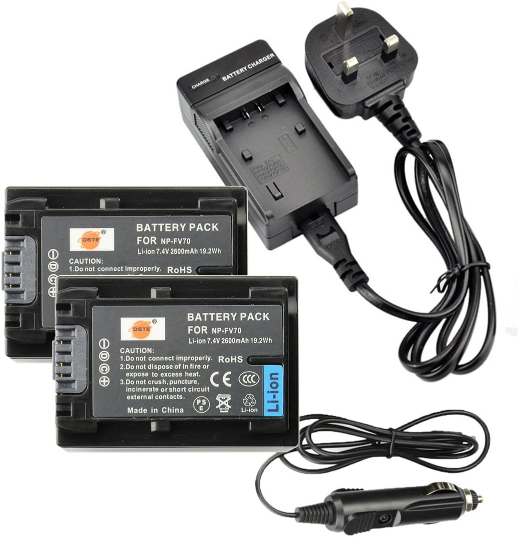 DSTE® 2x NP-FV70 Rechargeable Li-ion Battery + Charger DC04U for Sony DCR-SR15 SR21 SR68 SR88 SX15 SX21 SX44 SX45 SX63 SX65 SX83 SX85 FDR-AX100 HDR-CX105 CX110 CX115 CX130 CX150 CX155 CX160 CX190 CX200 CX210 CX220 CX230 CX260V CX290 CX300 CX305 CX330 CX350V CX360V CX380 CX430V CX520V CX550V CX560V CX580V CX700V CX760V CX900 HC9 PJ10 PJ30V PJ50 PJ200 PJ230 PJ260V Camera