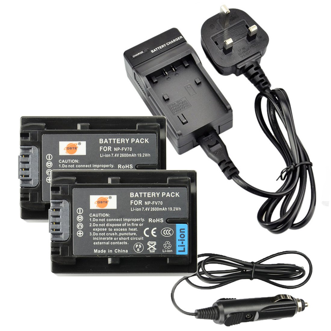 DSTE® 2x NP-FV70 Rechargeable Li-ion Battery + Charger DC04U for Sony DCR-SR15 SR21 SR68 SR88 SX15 SX21 SX44 SX45 SX63 SX65 SX83 SX85 FDR-AX100 HDR-CX105 CX110 CX115 CX130 CX150 CX155 CX160 CX190 CX200 CX210 CX220 CX230 CX260V CX290 CX300 CX305 CX330 CX350V CX360V CX380 CX430V CX520V CX550V CX560V CX580V CX700V CX760V CX900 HC9 PJ10 PJ30V PJ50 PJ200 PJ230 PJ260V Camera