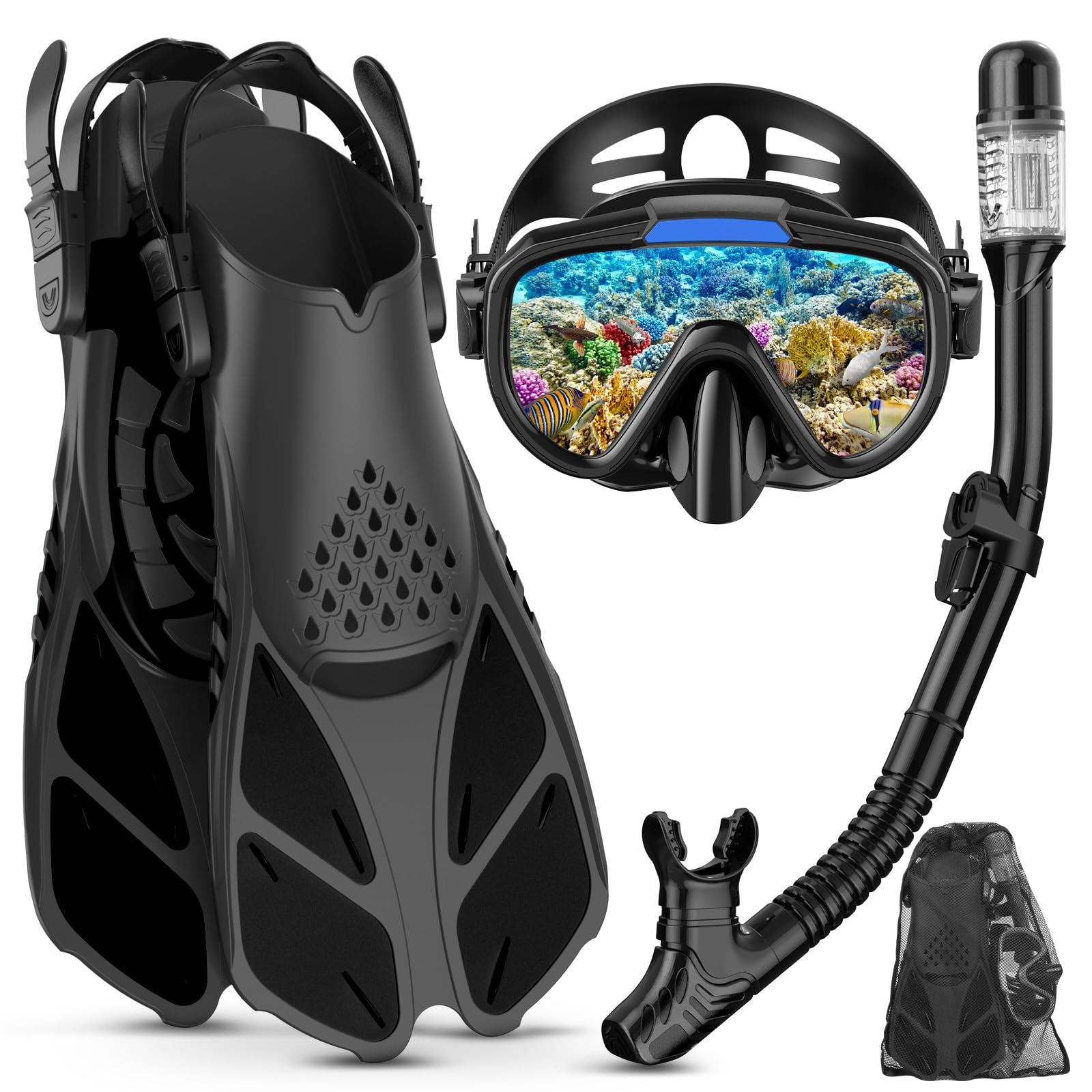 Lealinga Snorkel Set Adult with Flippers, Anti-Fog Diving Set, Dry Snorkel, Adjustable Flippers, Snorkelling Packages for Men and Women