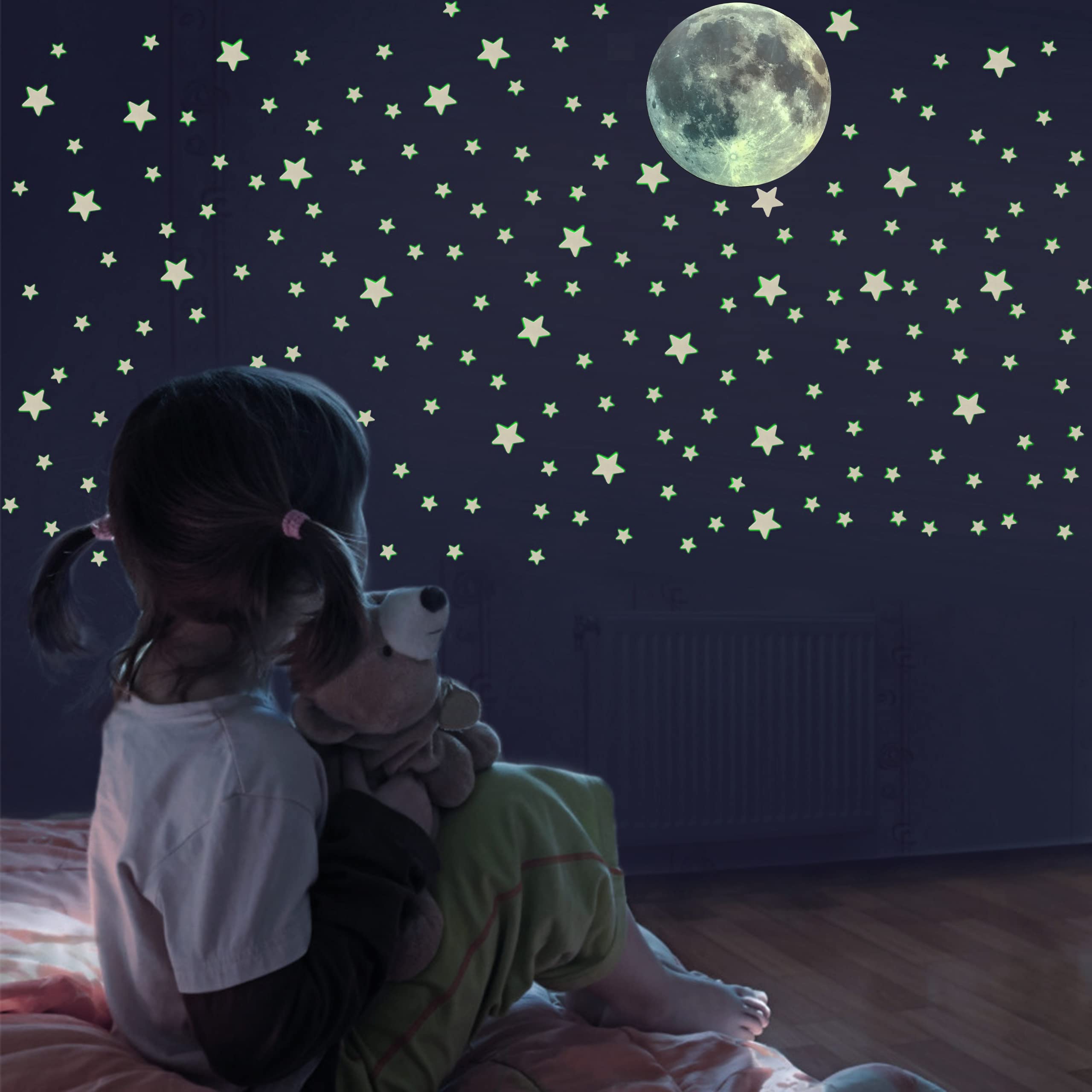 FFL DREAMS Glow in The Dark Stars and Full Moon, Luminous Glowing Adhesives for Wall, Bedroom, Ceiling and Living Room Decoration. Realistic Star Shaped Stickers No Dots No Squares Set.