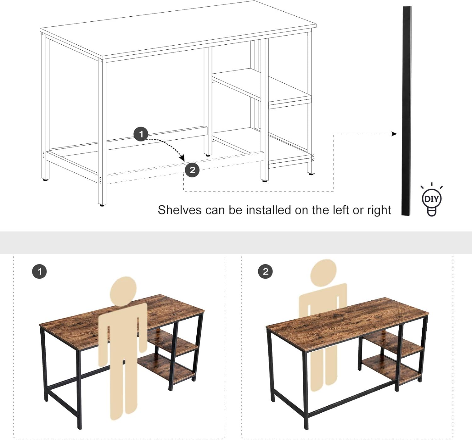 VASAGLE Computer Desk, 55-Inch Writing Desk, with 2 Shelves on Left or Right, Stable Steel Frame, Easy Assembly, Rustic Brown and Black ULWD55X: Home & Kitchen