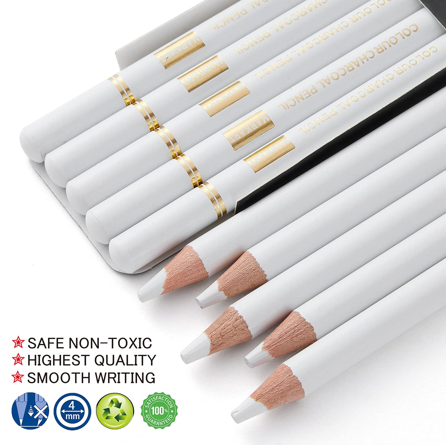MARKART Professional White Charcoal Pencils Set, 5 Pieces Sketch Highlight Charcoal Pencils for Drawing, Sketching, Shading, Blending, White Chalk Pencils for Beginners & Artists