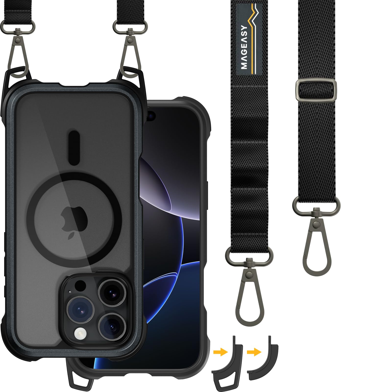 Photo 1 of MAGEASY Designed for iPhone 16 Pro Case with Strap - 20ft Drop Protection Compatible with MagSafe, Transformable 2-in-1 Protective & Lanyard Case, Aluminum Frame | Odyssey Strap M (Metal Black)
