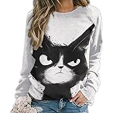 domirica Long Sleeve Shirts for Women Cat Printed Fall Winter Dressy Holiday Casual Fashion Crewneck Tunic Tee Shirts