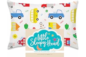 Little Sleepy Head Toddler Pillowcase, 100% Cotton & Hypoallergenic Pillow Case for Toddler Pillow, Snug Fit Envelope Pillowcase, 13x18 Pillowcase, Pilllow Sold Separately (Trucks 'N Cars)