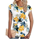 NORACORA Womens Summer Tops Short Sleeve Floral Shirts Dressy Casual Cap Sleeve Crew Neck Cute Tunic Blouses Fashion Clothes