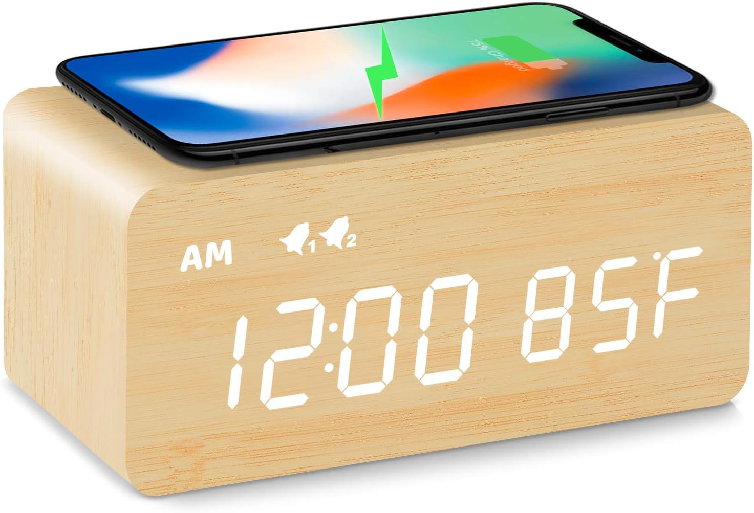MOSITO Digital Wooden Alarm Clock with Wireless Charging, 0-100% Dimmer, Dual Alarm, Weekday /Weekend Mode, Snooze, Wood LED Clocks for Bedroom, Bedside, Desk, Kids (Bamboo): Kitchen & Dining