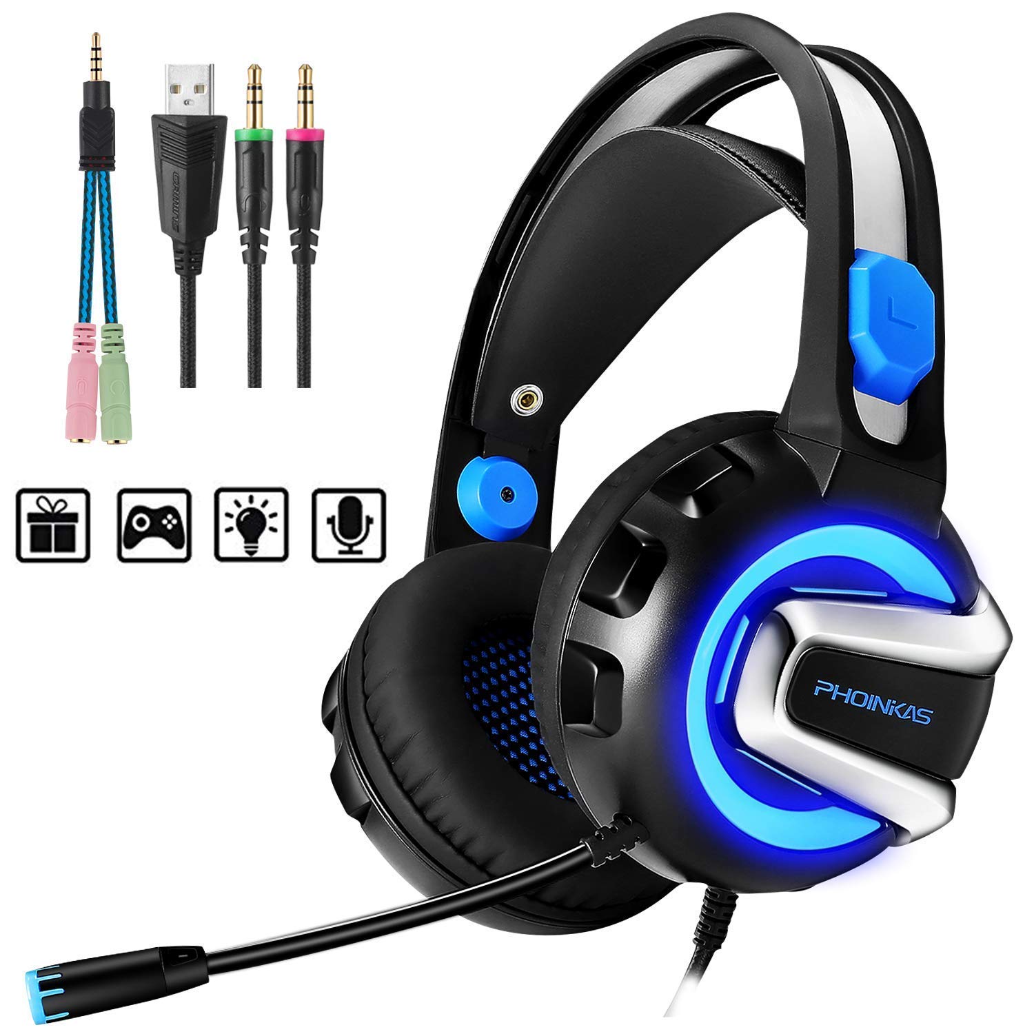 PHOINIKAS Stereo Gaming Headset for PS4 Xbox One PC with Mic LED Light  Splitter and Volumn Control Headphones for Nintendo Switch Tablet  Smartphone, ...