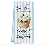 SereneHanctuary Hydrangea House Warming Gifts New Home,Hydrangea Spring Decor, Floral Kitchen Towels, Blue and White Striped New Home Gifts Idea for Women Neighbor Couple,16X24 Inches