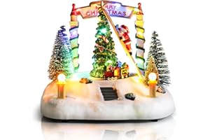Afirst Christmas Village Houses Santa Clause Xmas Tree Moving Train with Motion & Lights Lighted Christmas House Light Up Musical with USB Indoor Display Figurines Decoration