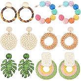 ANATTASOUL 6 Pairs Rattan Earrings Fashion Earrings Set Trendy Acrylic Earrings Leopard Hoop Earrings for Women Studs Straw Earrings Geometric Statement Hoop Dangle Drop Earrings for Vacation