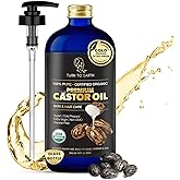 Organic Castor Oil, Cold Pressed, Glass Bottle, USDA Certified Premium Organic, Unrefined, Hexane Free, for Hair Growth, Radiant Skin, Eyebrows, Lashes and Fuller Hair, 16.9 oz w/ Pump (Made in USA)