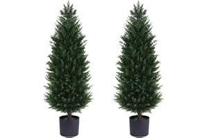 Grooy 3FT Artificial Cedar Topiary Trees, Set of 2 Tall Faux Tree Potted Plants with Trunk 36in Fake Cypress Tree for Indoor Outdoor Front Porch Garden Decor
