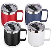 Volhoply 14oz Insulated Stainless Steel Coffee Mug with Lid Bulk 4 Pack,Double Wall Vacuum Travel Coffee Cup with Handle,Reusable Cups Tumbler,Camping Mugs Keep Hot,Ideal Gifts(Assorted,4)