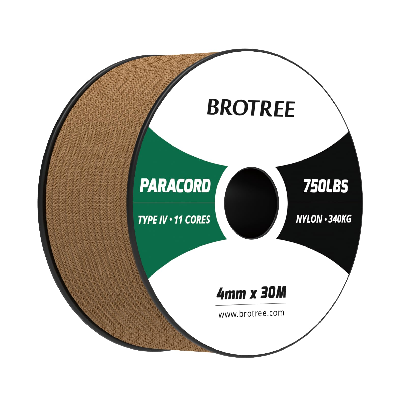 Brotree Paracord 4mm 30M 100% Nylon Rope 11 Strands 750lb Parachute Cord Type IV for Survival, Outdoor and DIY - 340kg Breaking Load (Coyote Brown)