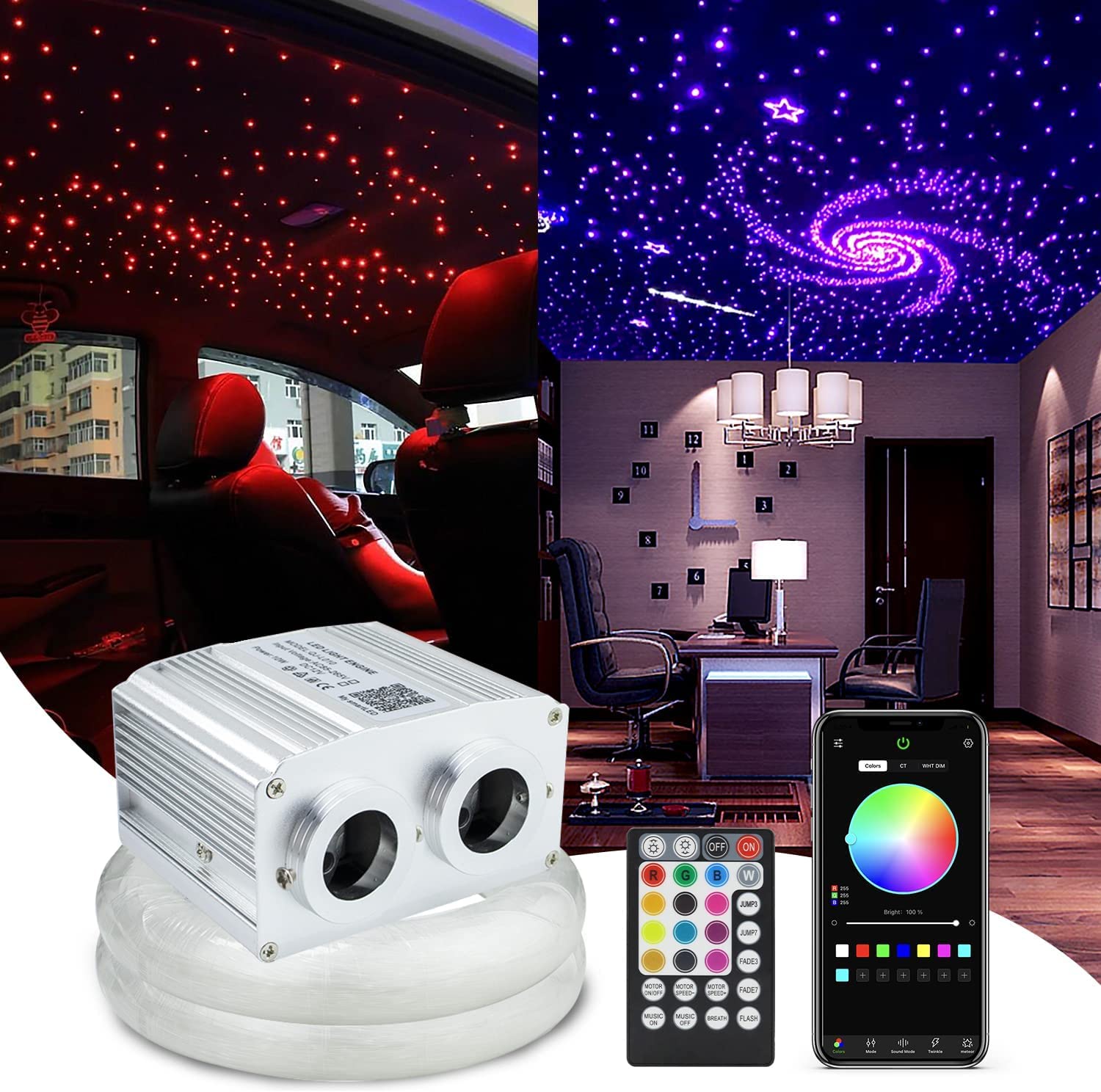 Callsky 16W APP Controlled Car Use Fiber Optic Light Star Ceiling Kit Twinkle, LED RGBW Engine Driver with 28key RF Remote Control (750pcs*(0.03in+0.04in+0.06in)*9.8ft)