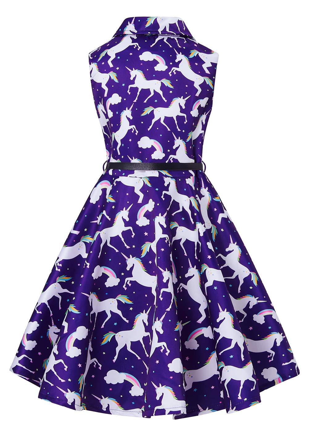 RAISEVERN Girls Unicorn Rainbow Dress Slim Fit Waist Knee Length A-Line Sleeveless Dresses with Belt Dark Navy Blue Purple