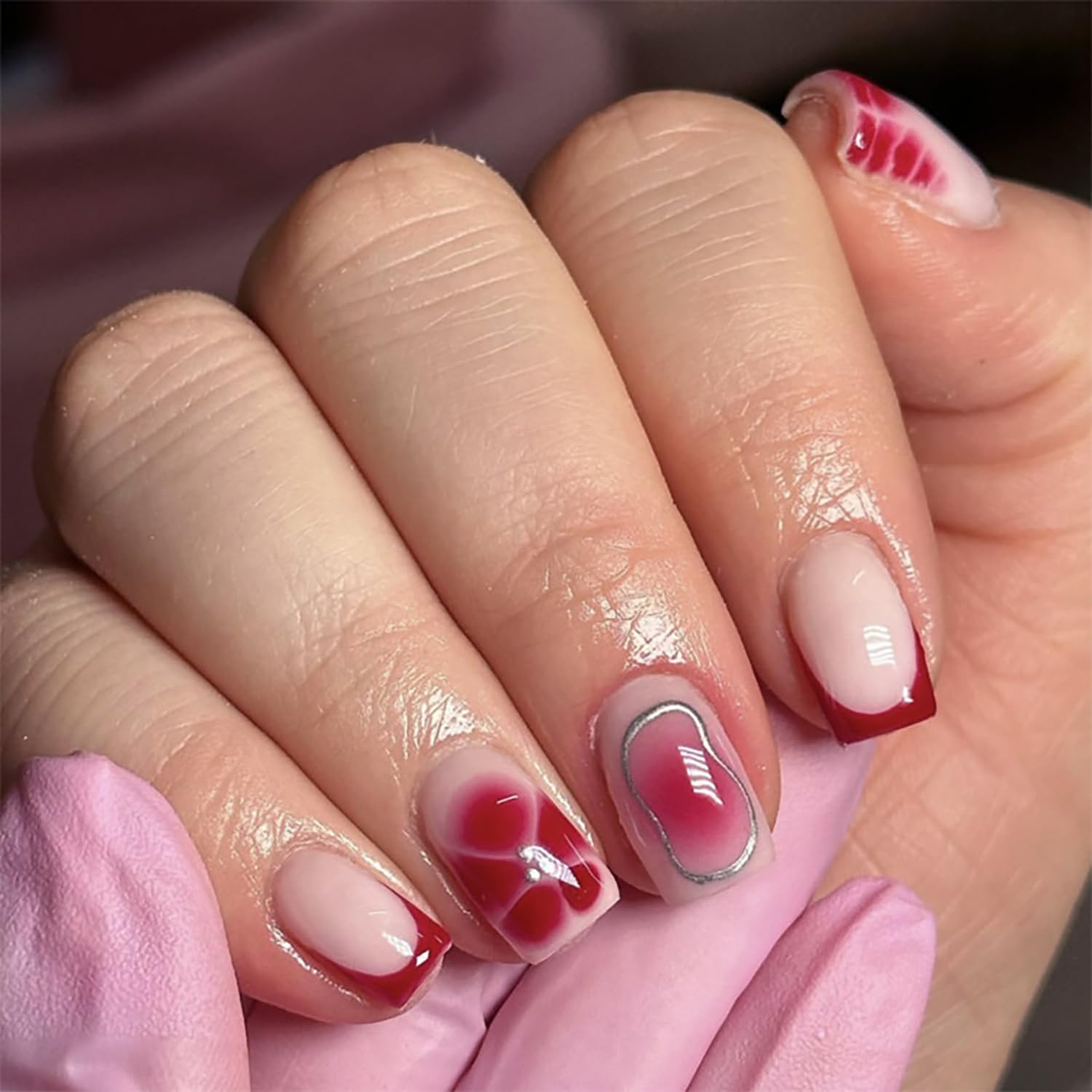 Photo 1 of 24pcs Red French Tip Press on Nails Short Square Red Flower Fake Nails with Designs Silver Line Glue on Nails Summer Floral False Nail Tips Glossy Full Cover Acrylic Nails Stick on Nails for Women