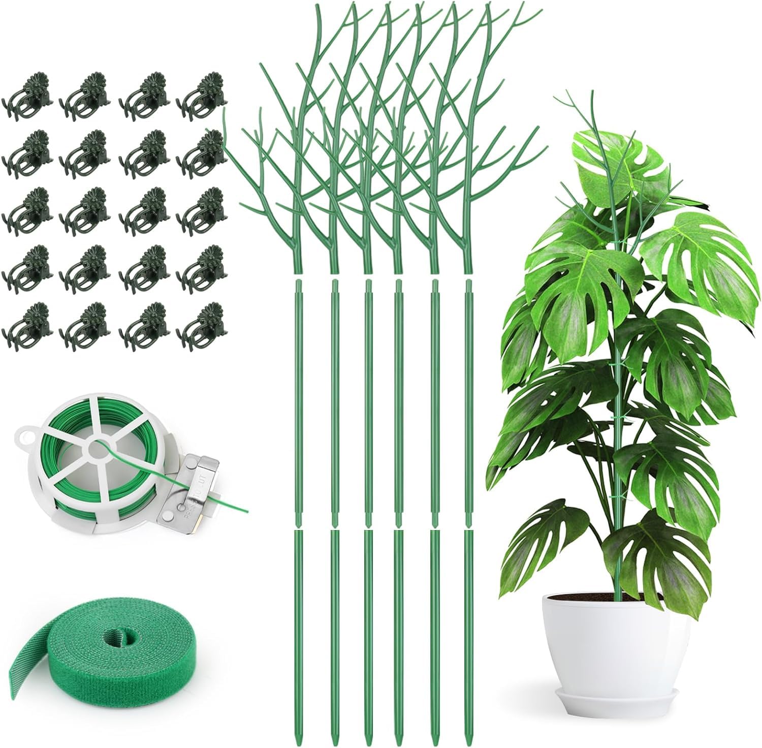 KAHEIGN 6Pcs Detachable Twig Plant Support Stakes, 100CM Branch Plant Sticks Twig Trellis Plant Climbing Poles with Orchid Clips Twist Ties and Plant Ties for Indoor Outdoor Plants Flowers Monsteras