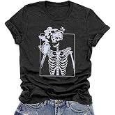 Hot Coffee Skeleton Shirt for Women Halloween Skeleton T-Shirt Funny Fall Skull Graphic Tees Tops Blouse Gift