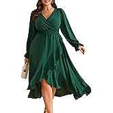 RWJ Women's Plus Size Wedding Guest Maxi Dress Wrap V Neck Long Sleeve High Low Ruffle Cocktail Fall Dresses