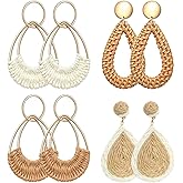 4 Pairs Handmade Raffia Rattan Bohemian Round Drop Dangle Earrings for Women, Boho Statement Cute Fun Hoop Earrings Set