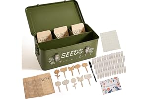 Metal Seed Storage Organizer Box - Large Galvanized Seed Bin with 50 Vials, 50 Envelopes, Dividers & 10 Random Mystery Style 