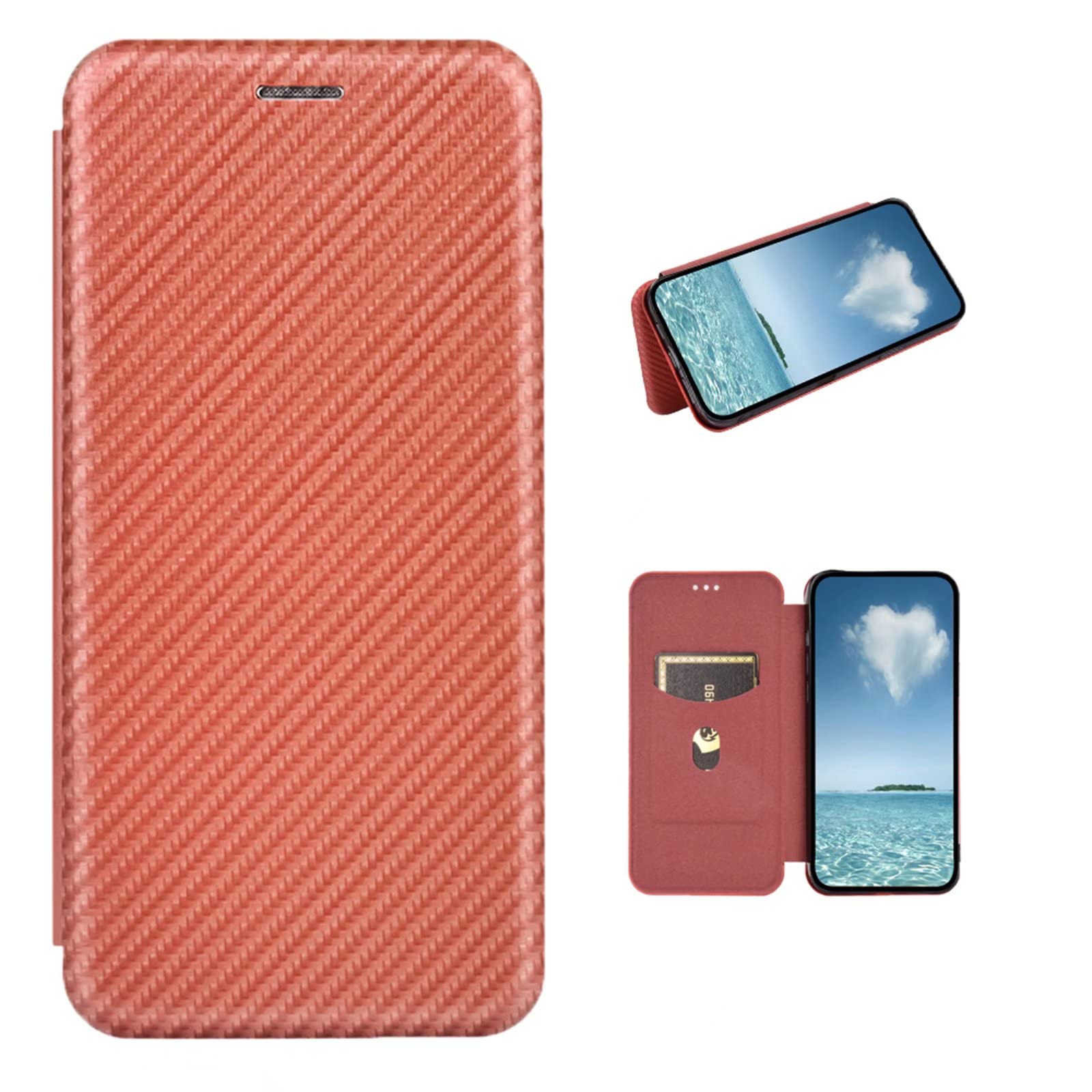 COQUE Motorola Moto G84 5G Case, Leather Flip Wallet Case with Card Slot, Carbon Fiber Leather TPU Case for Motorola Moto G84 5G-Brown