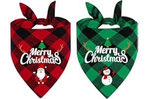 LMSHOWOWO 2 Pack Cotton Reversible Merry Christmas Santa Snowman Print Pet Bandana, Triangle Christmas Plaid Dog Scarf Bibs f