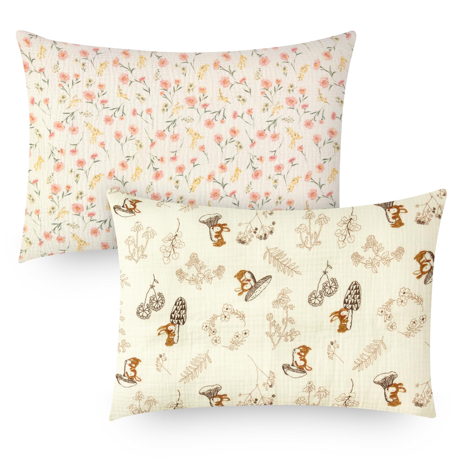 Winmany Toddler Cotton Muslin Pillowcases Baby Girl Boy Pillow Case Travel Cushion Pillow Covers with Envelope Design Cot Bed Accessories Fit for 13"x18" 14" x 19" 12"x16" Pillow (Flower+Animal)