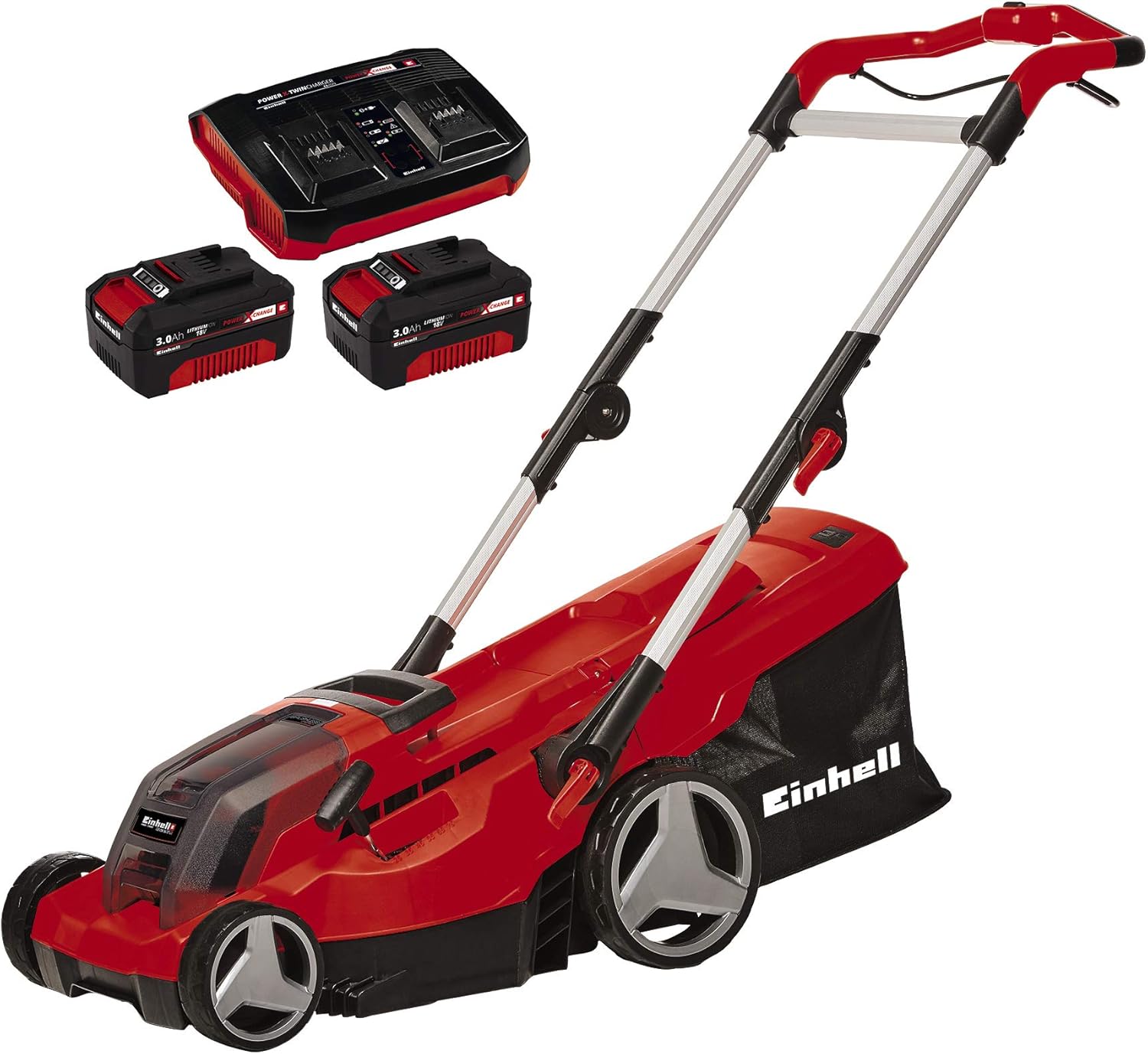 Einhell Power X-Change 36/37 Cordless Lawnmower With Battery (x2) and Charger (x2), 36V, 37cm Cutting Width, 45L Grass Box