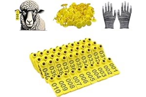 DDNRTXS 100PCS Cattle Ear Tags, Plastic Livestock Cow Ear Tags for Cattle Sheep Goats Pigs Deer, Numbered 001-100 for Farm Animal Identification, with Work Gloves (Yellow, Sheep)