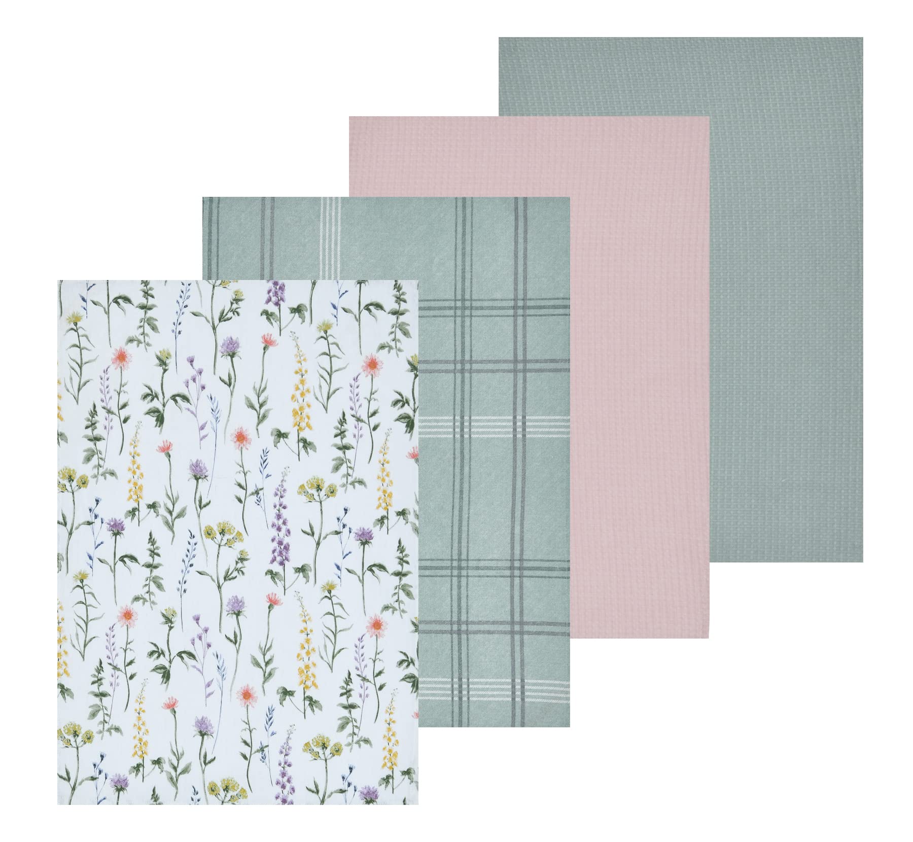 Sleepdown Meadow Floral Printed & Waffle Tea Towels 100% Cotton Half Panama - Super Absorbent Luxury Hotel Quality Kitchen Towel - Pack of 4 - White - 46cm x 65cm