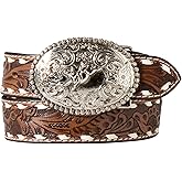 ARIAT Boys' Belt - Genuine Leather, Floral Hand Tooled, White Buck Lace Stitching with Silver Beaded Buckle