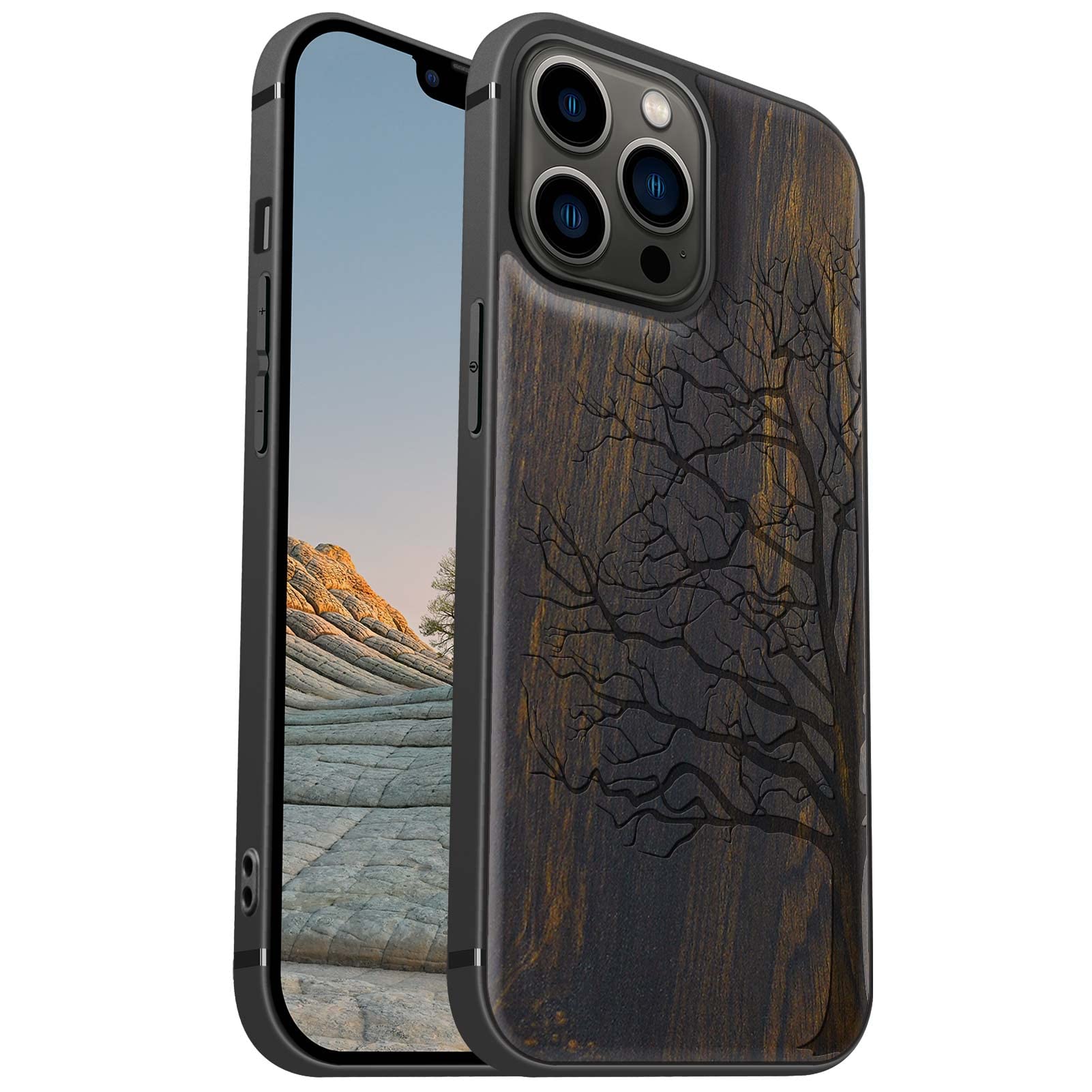 Carveit Magnetic Wood Case for iPhone 13 Pro Max - Hard Real Wood & Soft TPU - Shockproof Hybrid Protective Cover - Unique & Classy Wooden Case - Compatible with MagSafe (Eternal Tree-Blackwood)