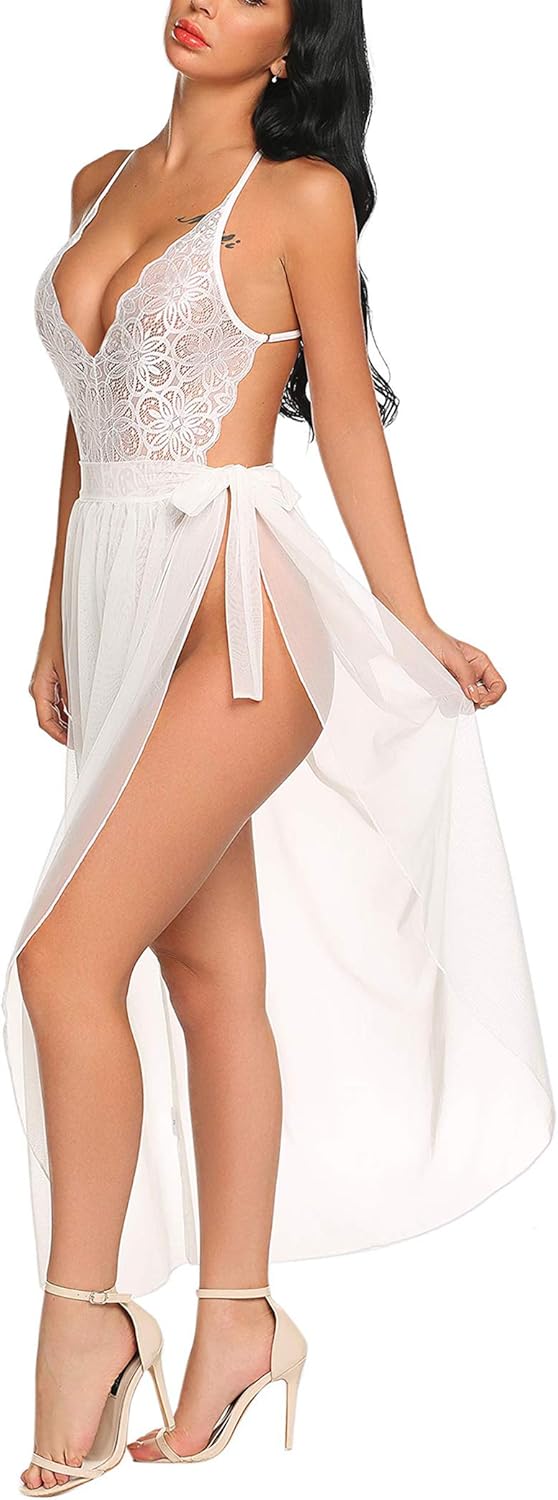 Avidlove Women One Piece Lingerie Deep V Lace Bodysuit Mosaic Lace Teddy Mesh Skirt at  Women’s Clothing store