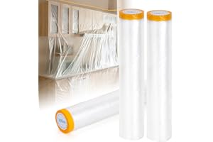 MATUFF Pre-Taped Masking Film 3 Pack Each 118in x 65 feet Rolls, Tape and Drape, Painters Plastic Sheeting Drop Cloth for Automotive Painting Covering, House Decoration Furniture Floor Dustproof Cover