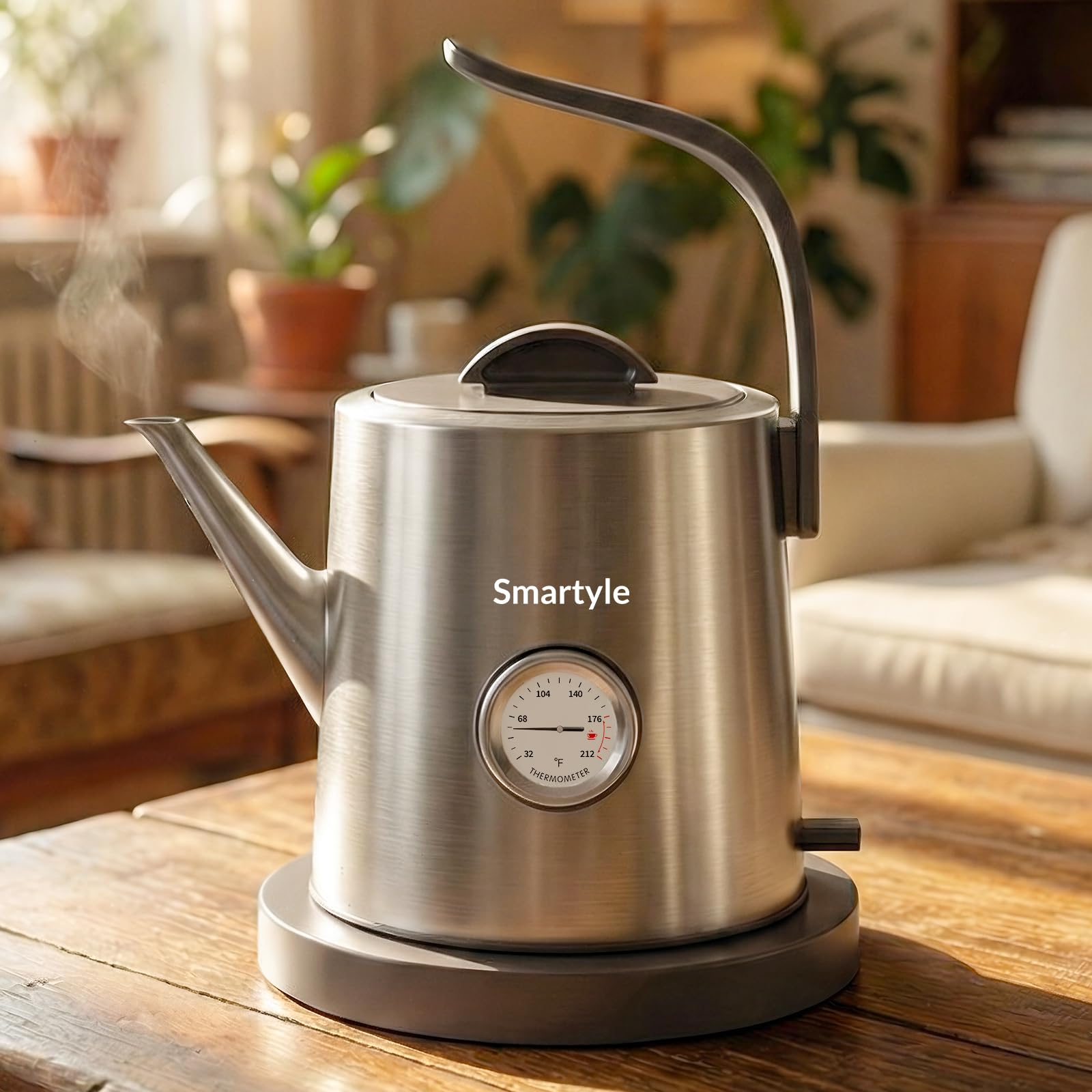 Photo 1 of Smartyle® Electric Tea Kettle with Thermometer,1.0L Gooseneck Electric Kettle,304 Stainless Steel,Auto Shut-Off,1200W Pour Over Coffee Pot for Brewing Coffee & Tea at Home,Office,or Café (Chrome)