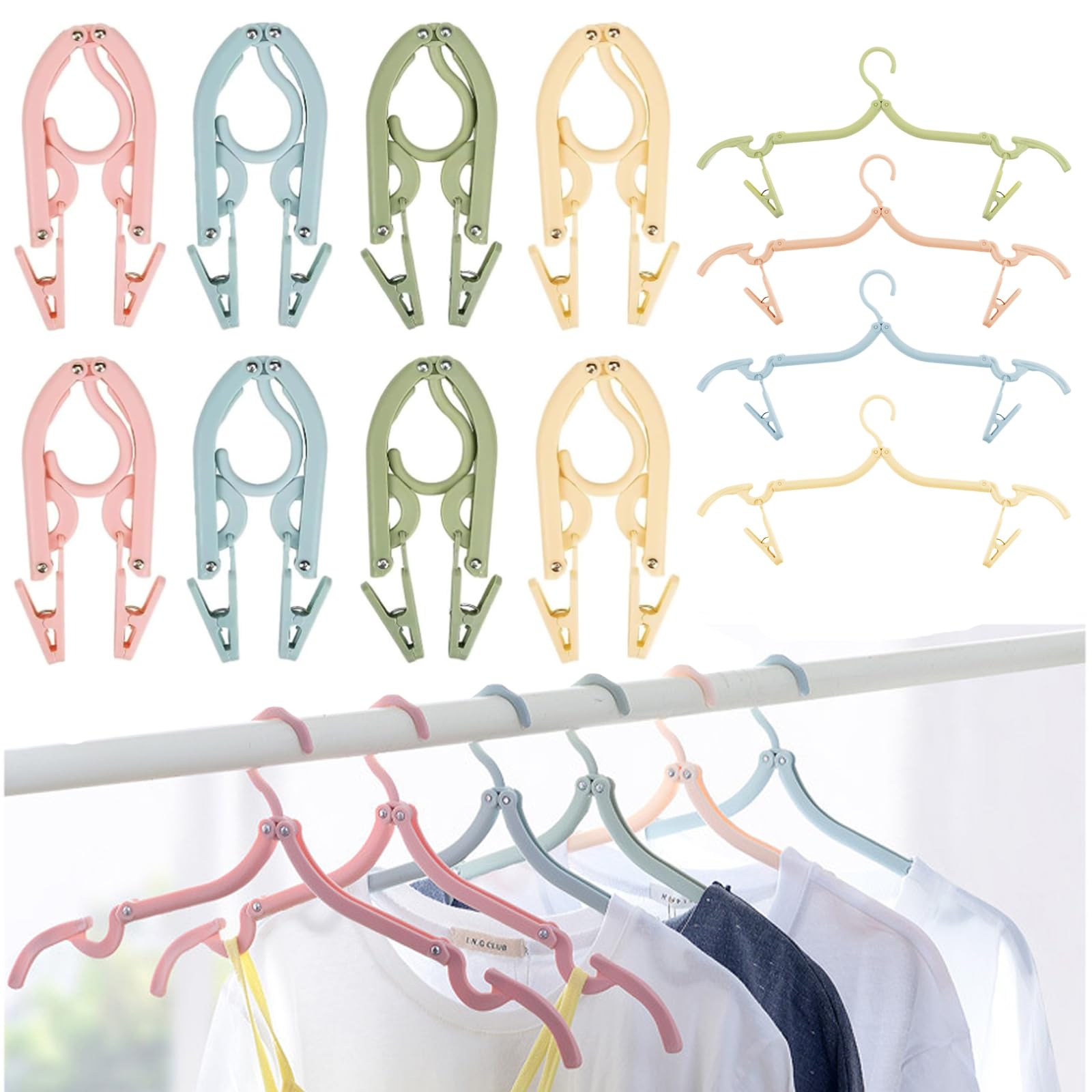 YqsIbth Portable Travel Coat Hangers, 8PCS Folding Plastic Clothes Hangers, Space Saving, Non-Slip, 4 Colors (Nordic Green, Nordic Blue, Nordic Pink, Nordic Rice)