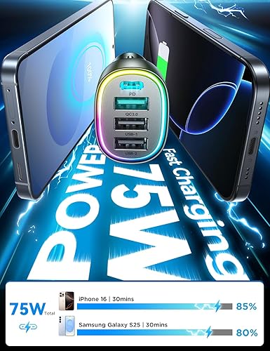 75W Car Charger USB C for iPhone 17, 4-Port Super Fast Car Phone