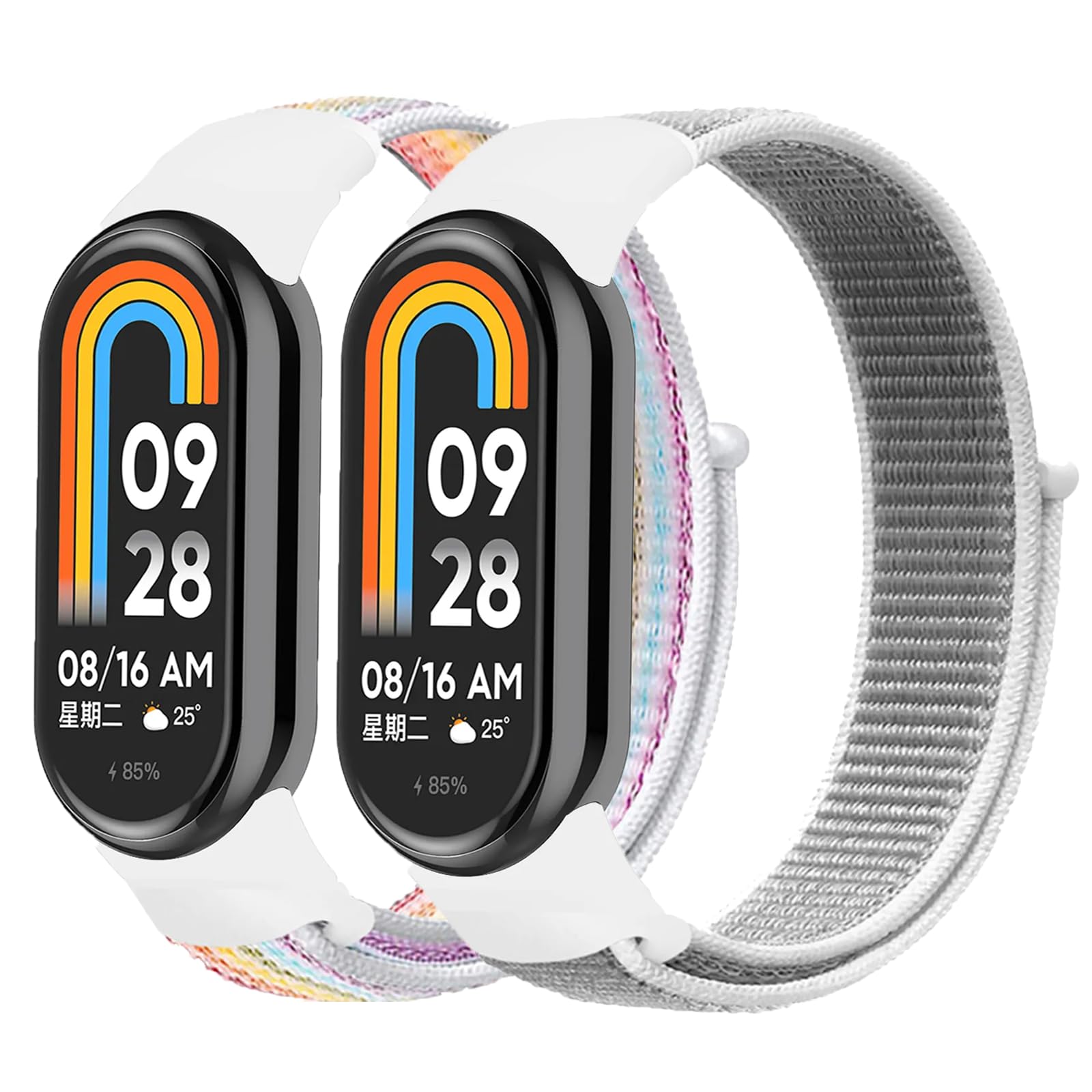 2 Pack Nylon Strap Compatible for Xiaomi Mi Band 8, Braided Solo Loop Strap Adjustable Elastic Sport Band Replacement Stretchable Wristband for Xiaomi Smart Mi Band 8 Women Men，Sea Shell/Colourful