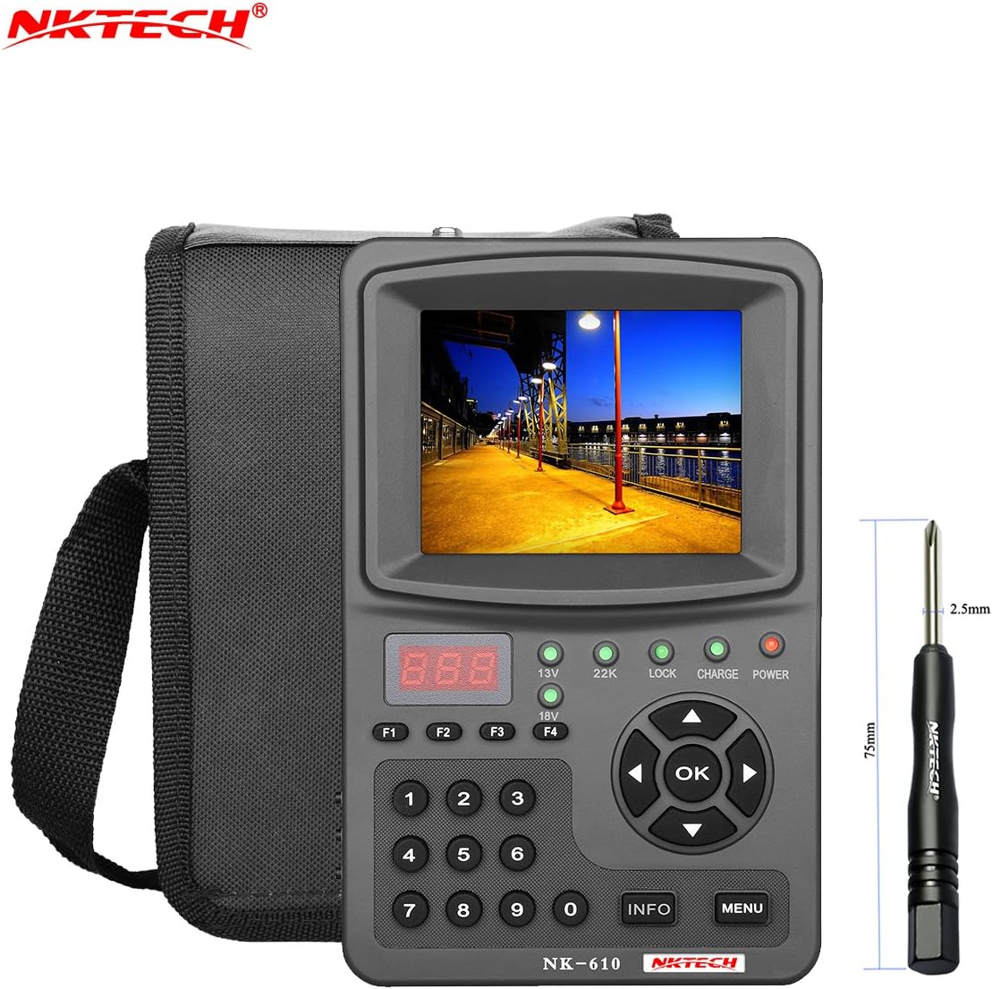 NKTECH HD Digital Satellite TV Signal Finder Meter NK-610 CCTV Camera Monitor Tester Analog Cameras Video Audio Test 1080P 3.5" TFT LCD Support DVB-S/S2 MPEG-4 + 2200mAh Battery
