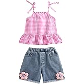 VISGOGO Toddler Baby Girl Summer Denim Outfits Flower/Fruit Jeans Shorts Sleeveless Plaid Tops Kids Girl Linen Clothes Set