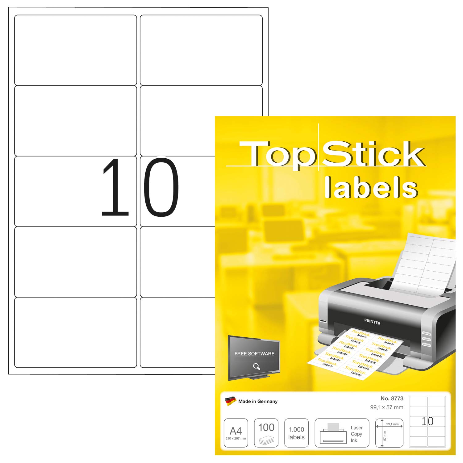 TopStick 8773 Address Mailing Labels, 10 Labels Per A4 Sheet, 99.1 x 57 mm, 1000 Labels, Self Adhesive, Stickers for Laser and Inkjet Printers, White
