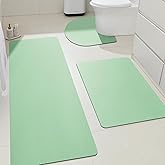 Ultra Thin Bath Mat, Upgrade Backing Non Slip Thin Bath Mats Fit Under Door, Quick Dry Ultra Absorbent Bathroom Rugs, Machine Washable Bath Rugs for Bathroom, Bathtub, Sage Green/Solid/3 Piece