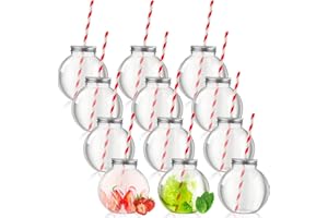 Yaomiao 12 Packs 16 oz Plastic Fish Bowl Ornament Cups with Straw for Drinks Plastic Candy Jar Potion Bottles with Aluminum Hole Lids Clear Spherical Bowls Bulb Cups for Carnival Games