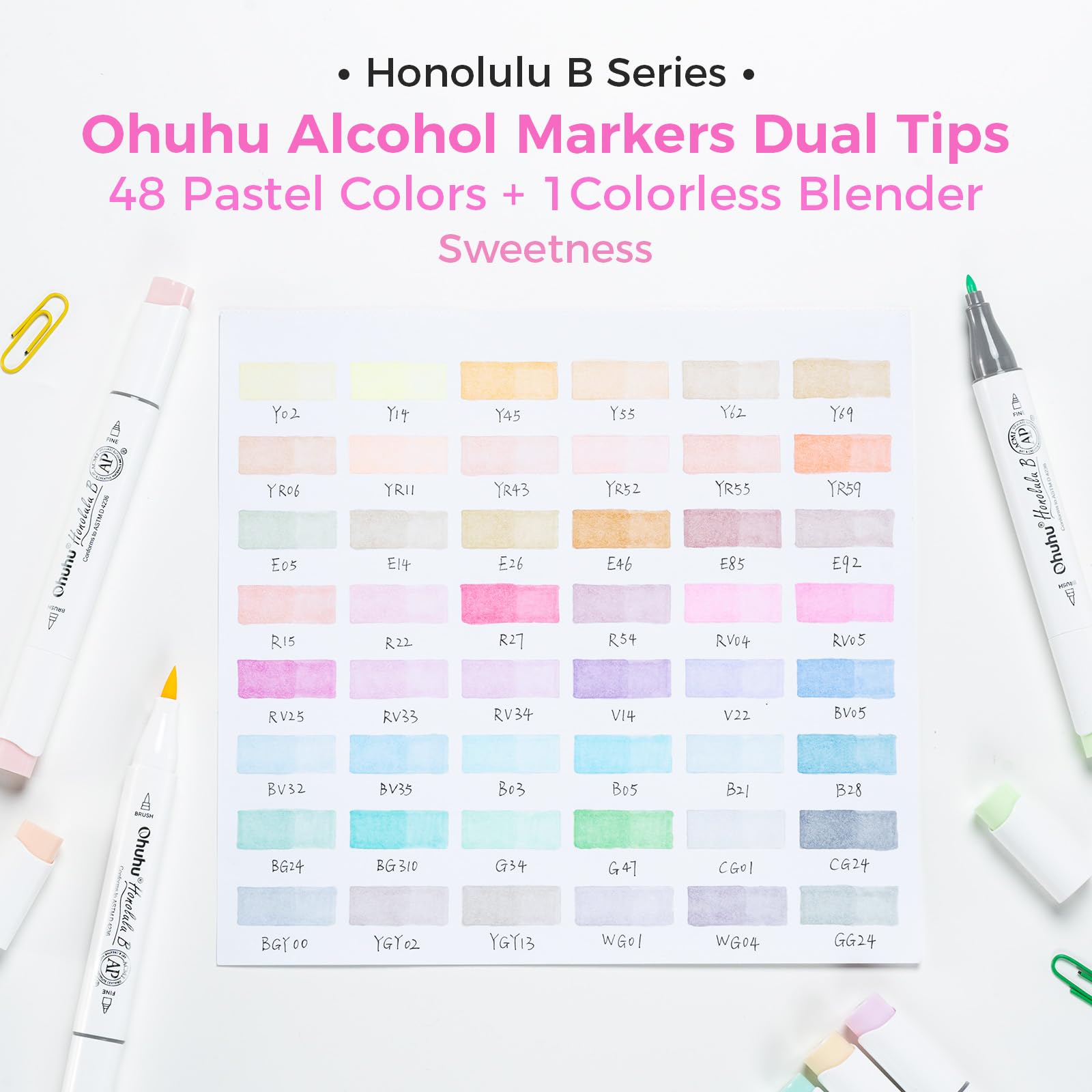 Ohuhu Pastel Markers Brush Tip, Alcohol-based Markers Double Tipped Artist Art for Sketch Adults' Coloring Illustration, 48 Pastel Colors +1 Alcohol Marker Blender + Marker Case, Brush & Fine